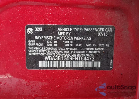 2015 BMW 320I из США, поврежденный, VIN WBA3B1G59FNT64473